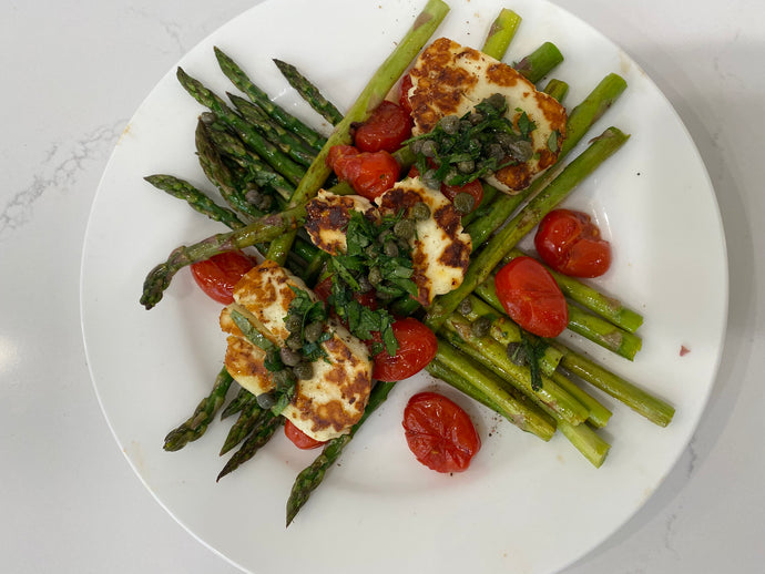 Grilled Asparagus, Roasted Tomato, and Halloumi Cheese
